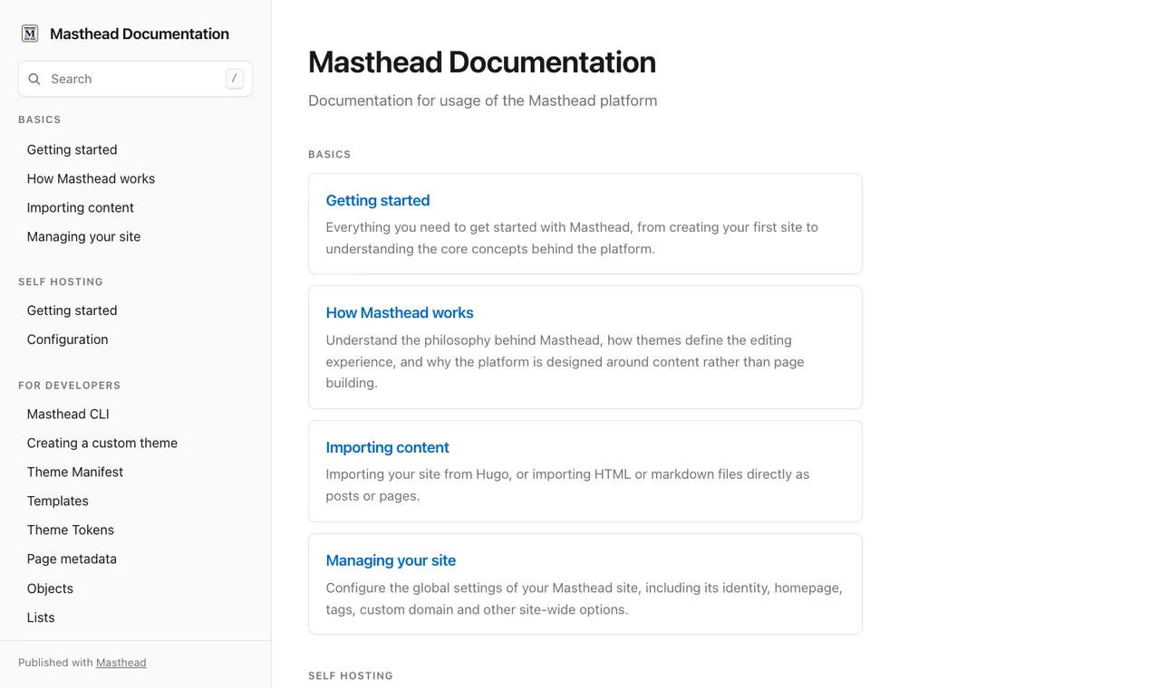 docs.masthead.site, a documentation site with a searchable sidebar